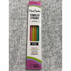 CharCharms Tumbler Straws Glitter Pack 6 Count Reusable Fits 40oz Tumblers Multi